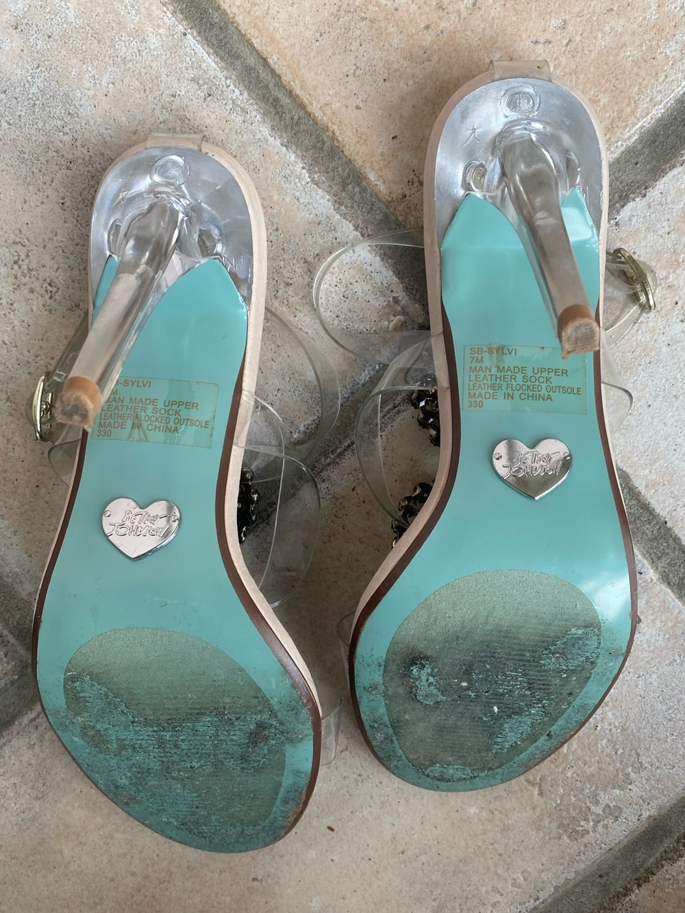 Betsey Johnson Clear Strap Heels with Blue Teardrop Rhinestones - Picture 9 of 12